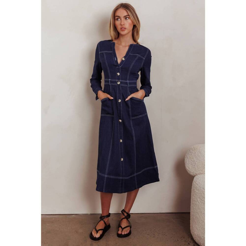 NEW ONE AND ONLY COLLECTIVE long sleeves denim midi dress in indigo